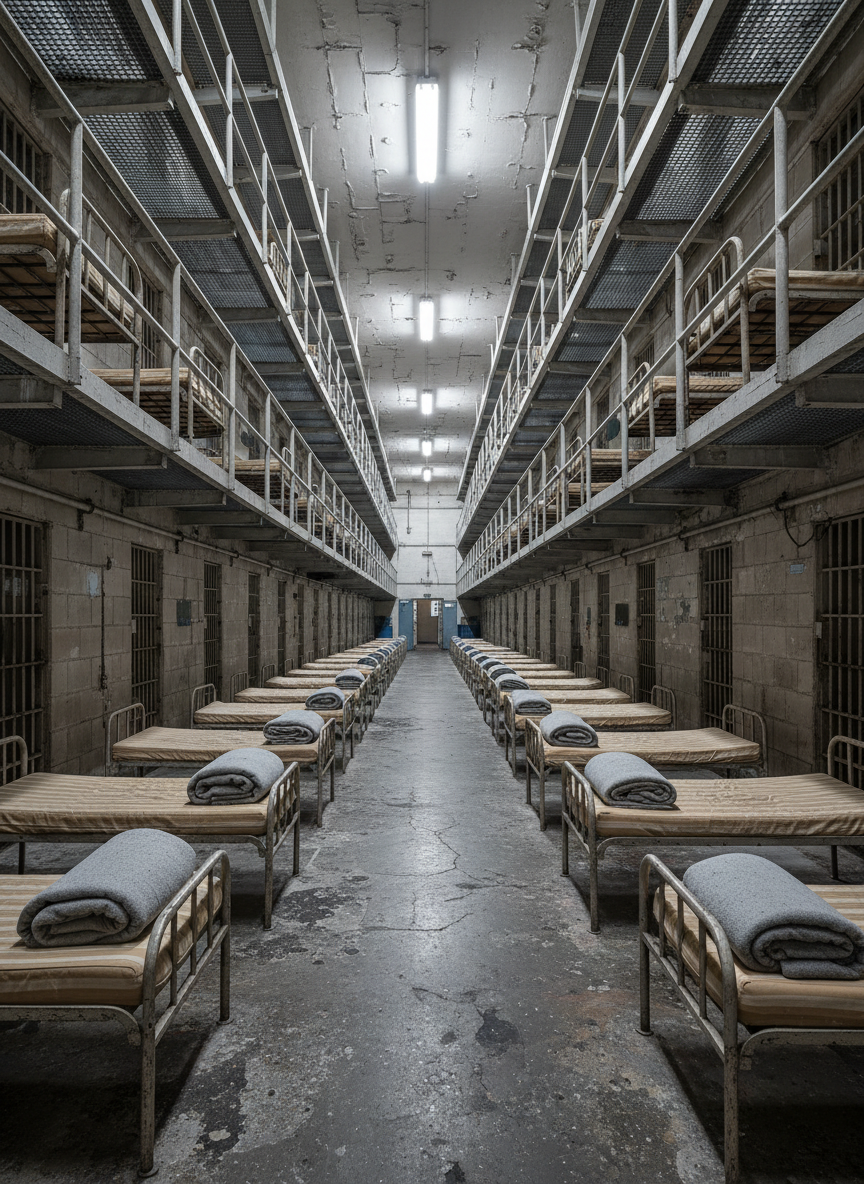 An expansive, eye-level, photographic image of an overcrowded prison cell block interior, devoid of people, featuring rows of empty metal bunks with thin, folded mattresses and tightly rolled blankets. The concrete floor is scuffed and stained, and the cinder block walls are marked with hairline cracks and faded paint. Personal items are absent, emphasizing stark uniformity. Overhead fluorescent lights cast a harsh, cold illumination that creates sharp, angular shadows beneath the bunks and along the corridor railings. The composition uses leading lines from the bunks and railings to draw the eye deep into the frame, capturing the scale and claustrophobia of the environment. The atmosphere is tense and oppressive, designed to visually underscore systemic overcrowding and inhumane conditions in a factual, professional documentary aesthetic.