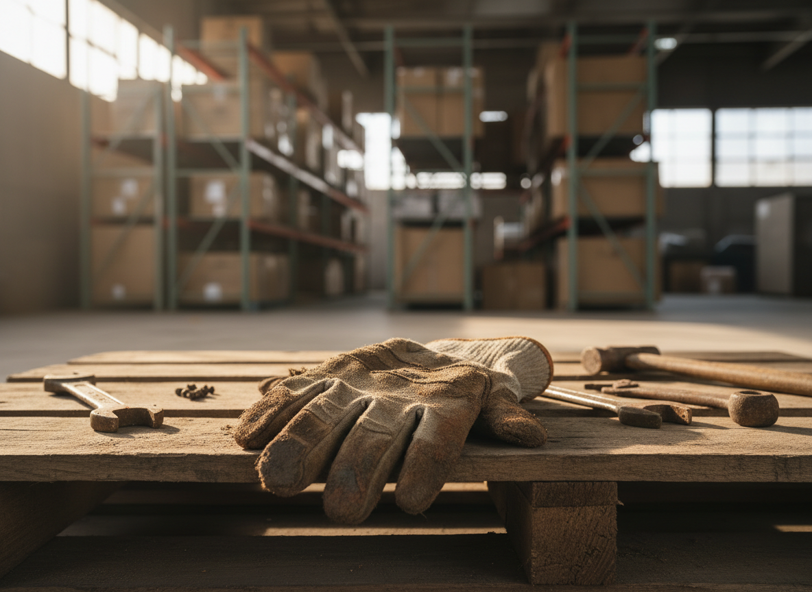 A detailed, photographic realism close-up of a worn prison-issued work glove resting on a rough wooden pallet inside a dim industrial warehouse space. The glove’s fabric is frayed at the fingertips, stained with grease and red Alabama clay, and the leather palm is cracked from overuse. Around it, scattered metal tools lie on the splintered surface of the pallet, their steel dulled and scratched. The background shows towering metal shelving and boxed supplies fading into soft blur. Warm, late-afternoon light enters through high, dirty windows, casting long, directional shadows and a subtle golden rim light on the glove’s edges. Captured from a slightly elevated angle with shallow depth of field, the composition isolates the glove as a quiet symbol of forced labor and exploitation, evoking a sober, reflective atmosphere appropriate for a professional prison reform organization.