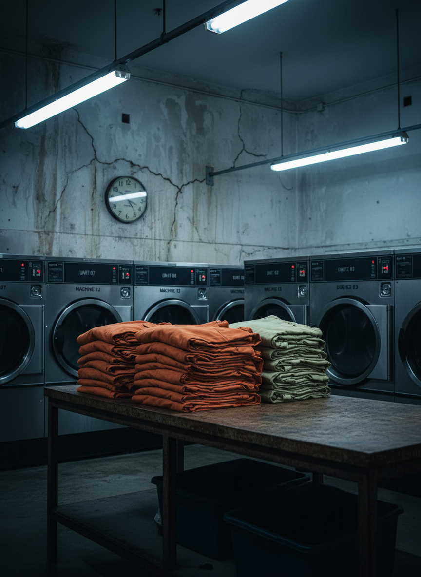 A photographic realism scene of a dim prison laundry workroom with industrial steel washing machines and dryers lined against a cracked concrete wall, each machine labeled with faded stenciled numbers. In the foreground, neatly stacked uniforms in dull orange and khaki lie on a scarred metal table, the fabric rough and worn. A solitary industrial clock hangs crookedly above, frozen at an arbitrary time. Overhead fluorescent fixtures provide cold, bluish light, creating harsh reflections on the machine doors and deep shadows under the table. Shot from a slightly low angle using the rule of thirds, with the table in sharp focus and the machines receding softly into the background, the mood is quietly defiant and somber, highlighting forced labor and monotonous work conditions in a sober, professional visual style.