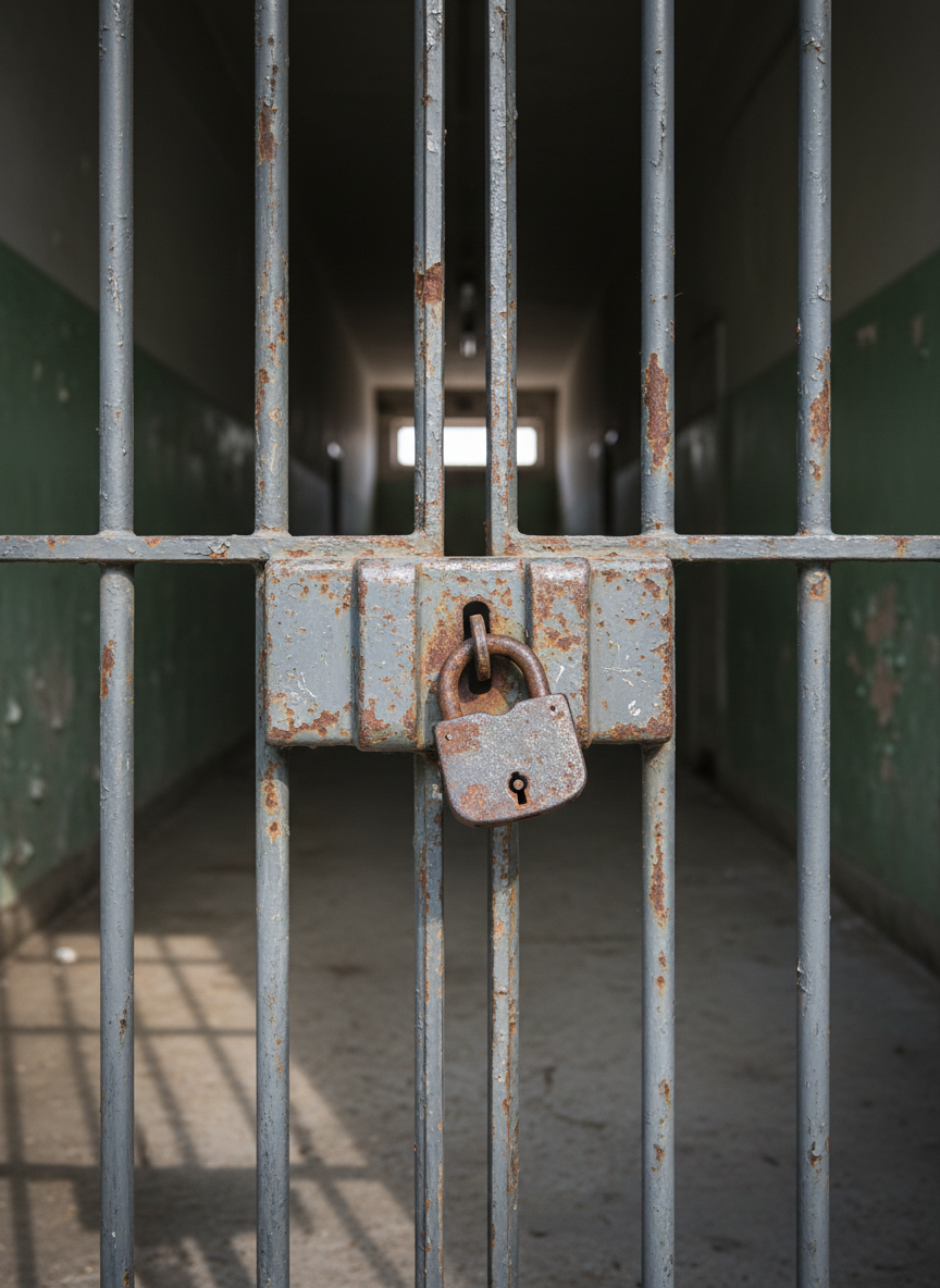 A close-up, photographic realism image of a heavy, rusted prison gate made of thick vertical steel bars and a solid lockbox, its chipped gray paint revealing raw metal beneath. The gate stands at the threshold of a dim concrete corridor, with peeling institutional paint on the walls and a narrow strip of daylight spilling in from an unseen window at the far end. Soft, diffused natural light from the side creates subtle highlights along the edges of the bars and casts long, somber shadows on the floor. Shot at eye level with the gate centered in the frame, the background gently blurred to emphasize the lock. The mood is serious and contemplative, conveying confinement and the urgent need for reform in a clean, documentary style.